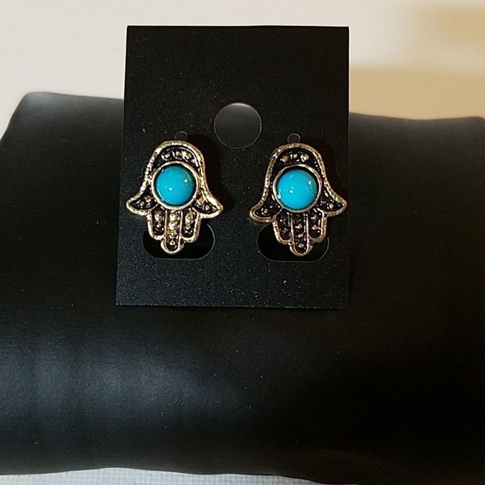 The Hamsa Hand Turquoise Faux Silver Earrings